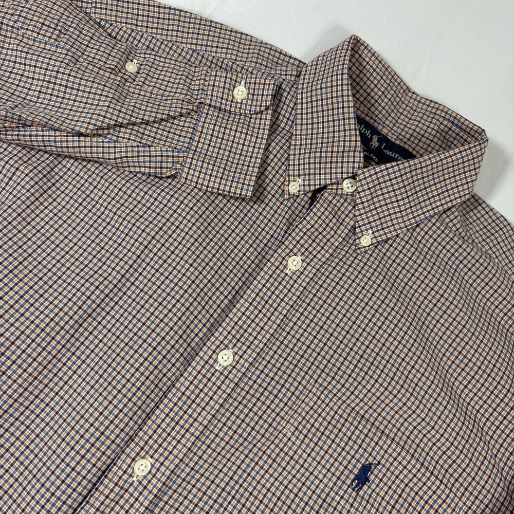 Vintage Ralph Lauren Men's Check Shirt‎ Orange Blue Size M Preppy Casual Pocket